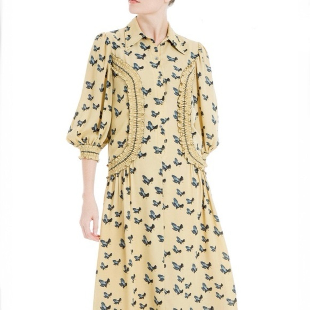 NWT Max Studio London bird print long sleeve collared dress